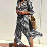 Sukienka koszulowa damska w paski z paskiem