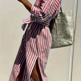 Sukienka koszulowa damska w paski z paskiem