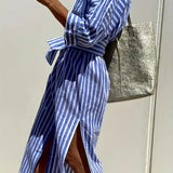 Sukienka koszulowa damska w paski z paskiem