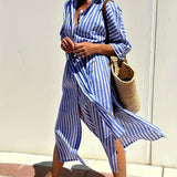 Sukienka koszulowa damska w paski z paskiem