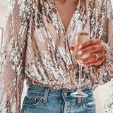 Bluzka damska z cekinami i kopertowym dekoltem