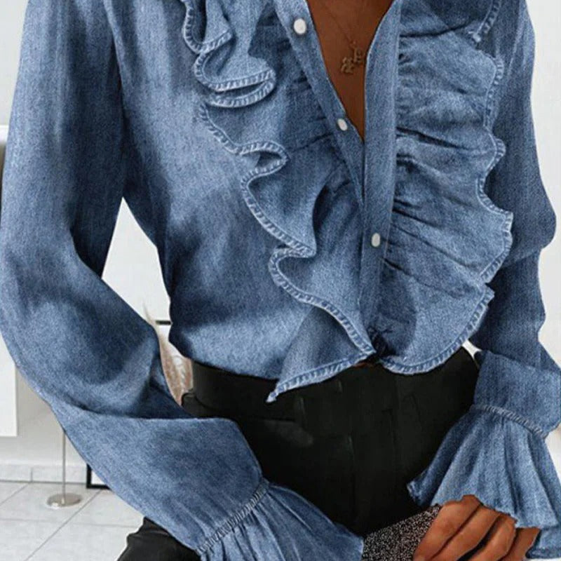 Elegancka bluzka damska z falbanami i dekoltem V