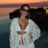 Elegancki kardigan damski z ozdobnymi kwiatami i perłami