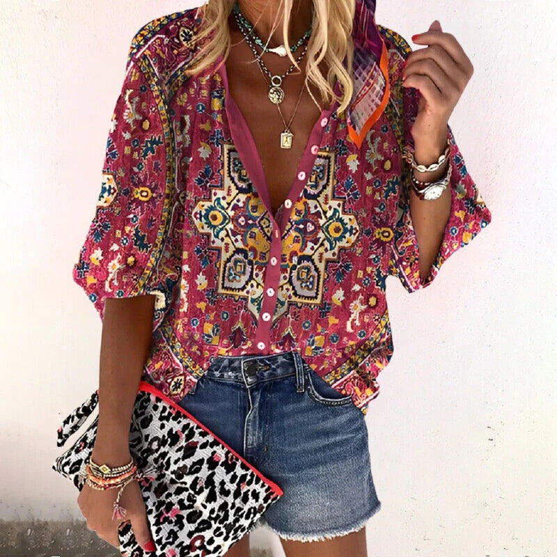 Bluzka damska boho z luźnym krojem i kwiatowym wzorem
