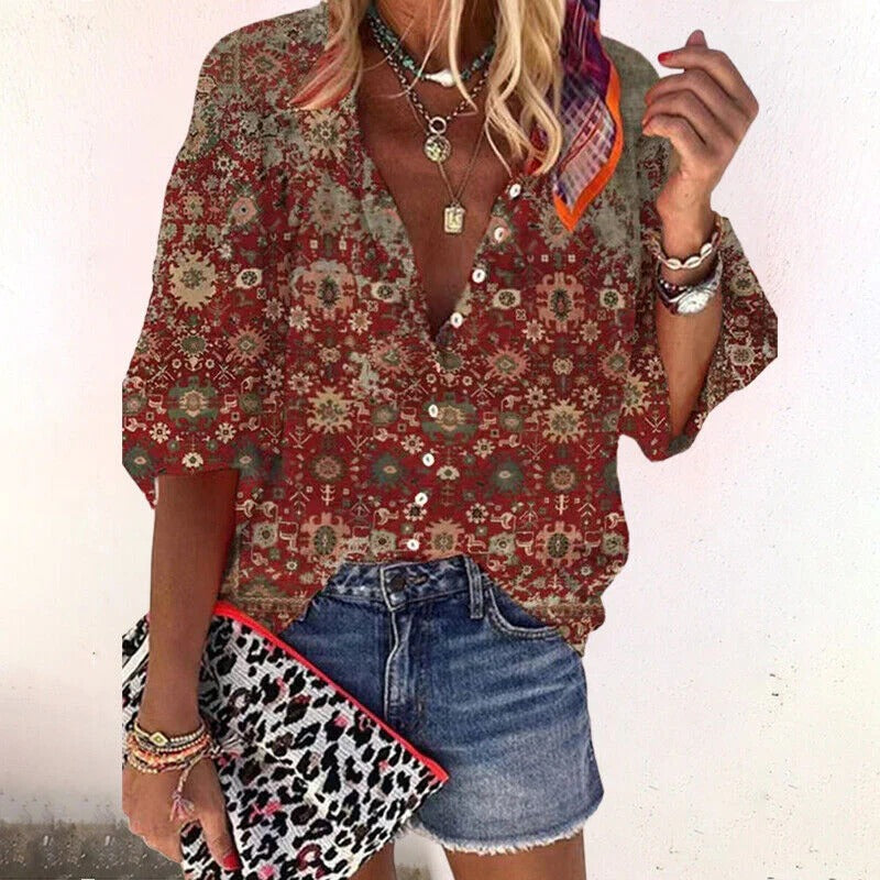 Bluzka damska boho z luźnym krojem i kwiatowym wzorem