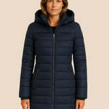 Długa pikowana kurtka damska z kapturem i zamkiem błyskawicznym