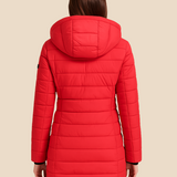 Długa pikowana kurtka damska z kapturem i zamkiem błyskawicznym