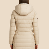 Długa pikowana kurtka damska z kapturem i zamkiem błyskawicznym