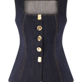 Jeansowy komplet damski z gorsetem i spodniami – elegancki zestaw z guzikami