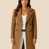 Długi elegancki płaszcz damski dwurzędowy z kołnierzem