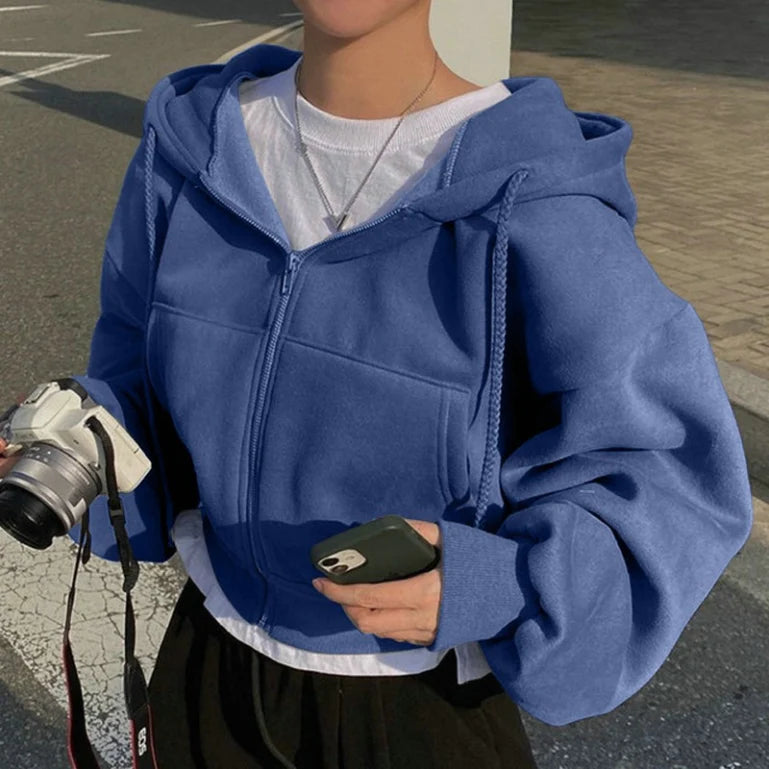 Krótka bluza damska z kapturem i zamkiem