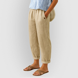 Lniane spodnie damskie z mankietem i kieszeniami – wygodne i stylowe