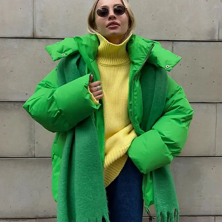 Pikowana kurtka zimowa oversize z kapturem i stójką