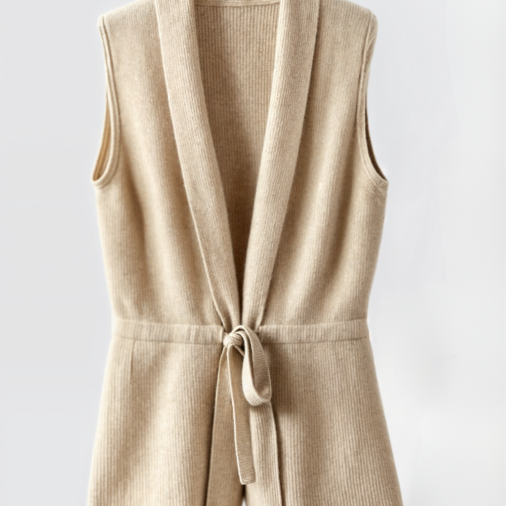 Damska dzianinowa kamizelka z paskiem w talii