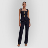 Jeansowy komplet damski z gorsetem i spodniami – elegancki zestaw z guzikami