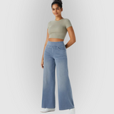 Jeansowe spodnie damskie z szeroką nogawką i wysokim stanem