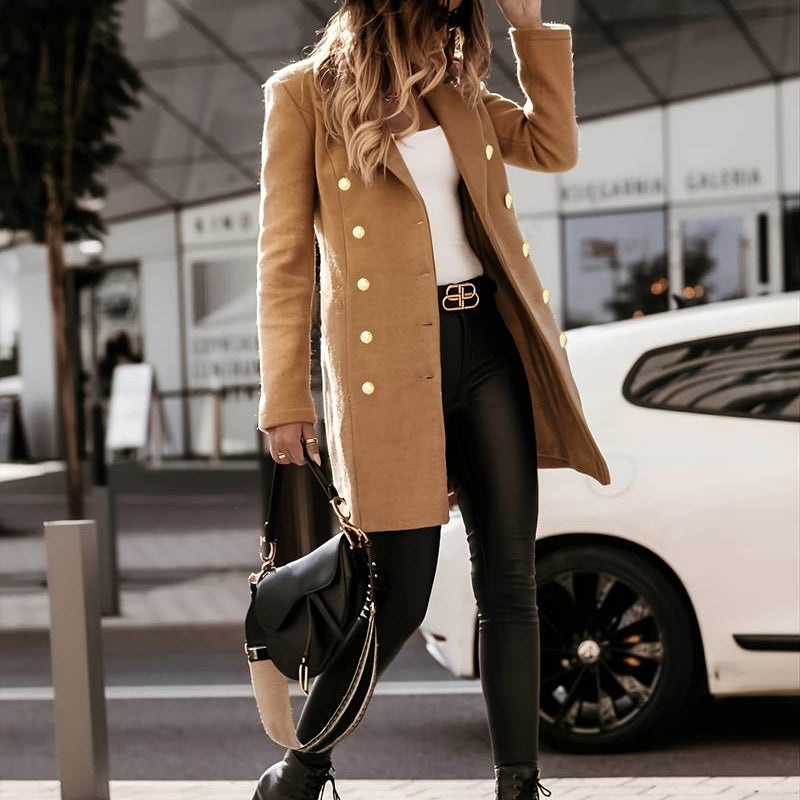 Damski elegancki płaszcz dwurzędowy z guzikami