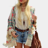 Damskie kimono boho z frędzlami i kwiatowym wzorem