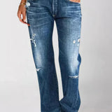 Damskie jeansy z prostą nogawką i przetarciami