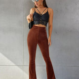 Damskie prążkowane spodnie welurowe z wysokim stanem