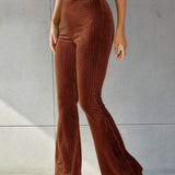 Damskie prążkowane spodnie welurowe z wysokim stanem