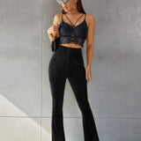 Damskie prążkowane spodnie welurowe z wysokim stanem