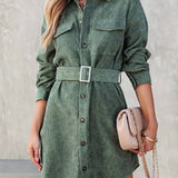 Sukienka sztruksowa koszulowa mini z paskiem w talii