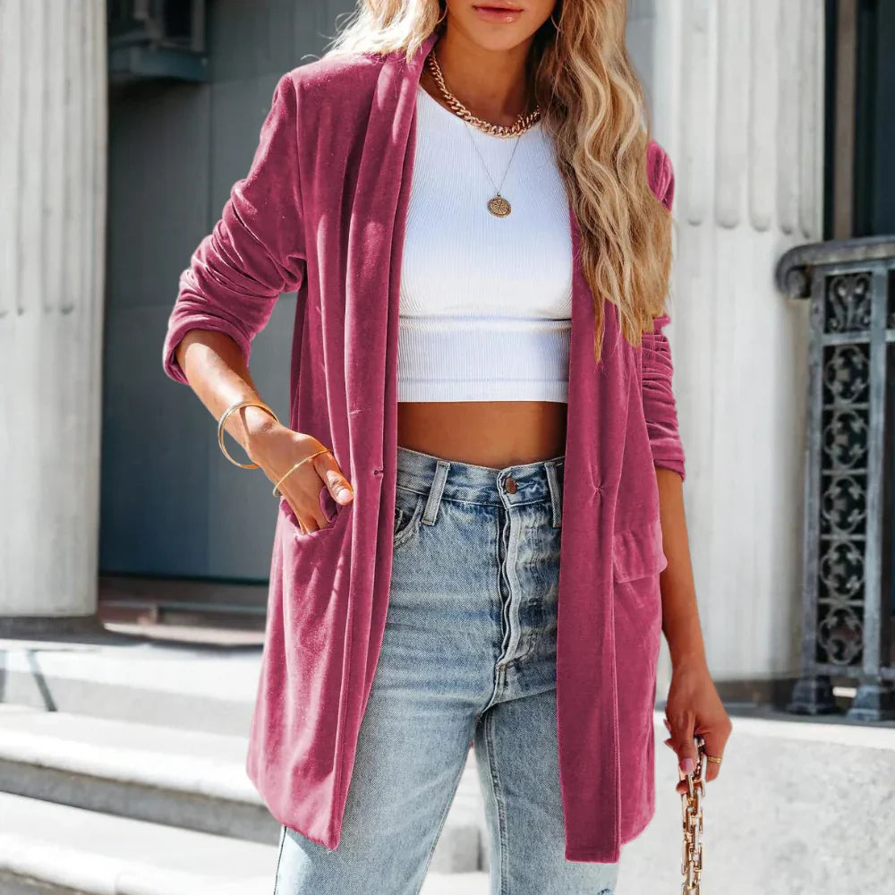 Damska aksamitna marynarka bez zapięcia o luźnym kroju