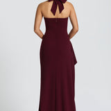 Elegancka sukienka maxi z rozcięciem i gorsetowym dekoltem