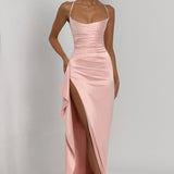 Sukienka satynowa maxi z rozcięciem i drapowaniem