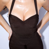 Sukienka bandażowa midi na ramiączkach z dekoltem gorsetowym