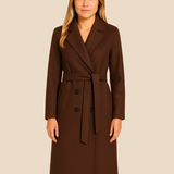 Długi elegancki płaszcz damski z paskiem i kołnierzem