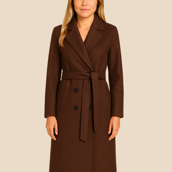 Długi elegancki płaszcz damski z paskiem i kołnierzem