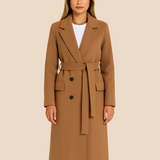 Długi elegancki płaszcz damski z paskiem i kołnierzem