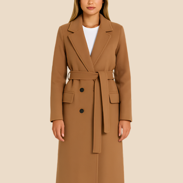 Długi elegancki płaszcz damski z paskiem i kołnierzem