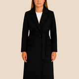 Długi elegancki płaszcz damski z paskiem i kołnierzem