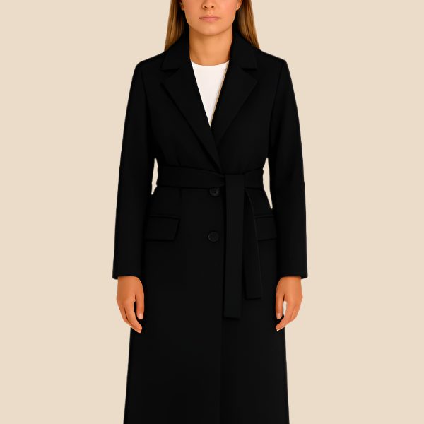 Długi elegancki płaszcz damski z paskiem i kołnierzem