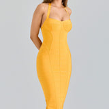 Sukienka bandażowa midi na ramiączkach z dekoltem gorsetowym