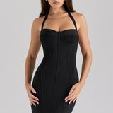 Sukienka bandażowa midi na ramiączkach z dekoltem gorsetowym