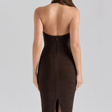 Sukienka bandażowa midi na ramiączkach z dekoltem gorsetowym