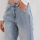 Jeansy damskie z łatami denimowymi o luźnym kroju